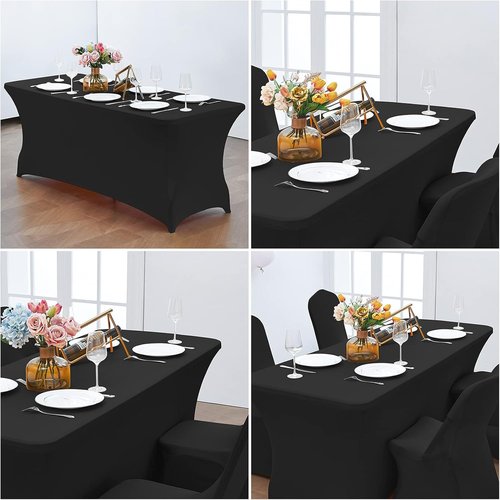 CWK 4FT Waterproof Stretch Spandex Table Cover - Elastic Fitted Tablecloth for Rectangular Tables | Wrinkle-Resistant Black Design for Events