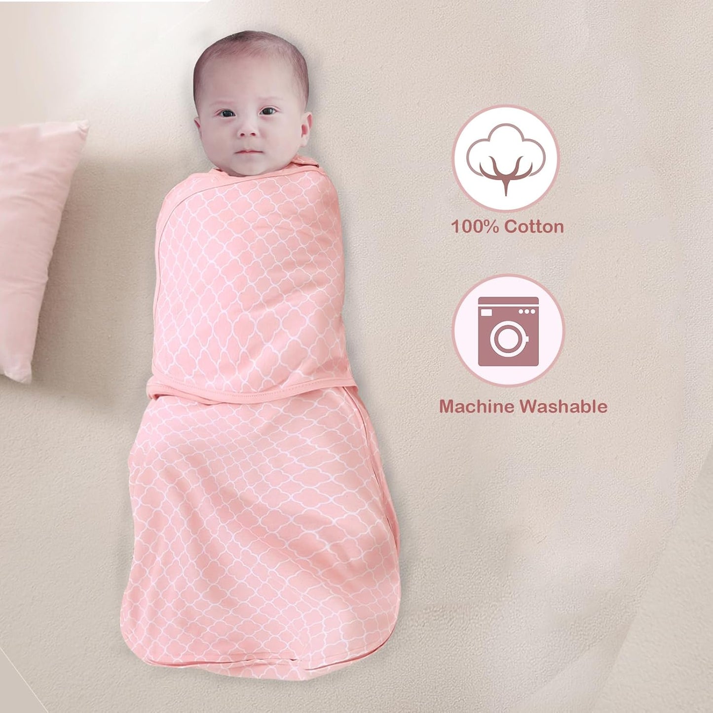 Skiennix Baby Sleep Sack Swaddle - 3-Way Adjustable Wearable Blanket for 0-6 Months | 100% Cotton, Pink