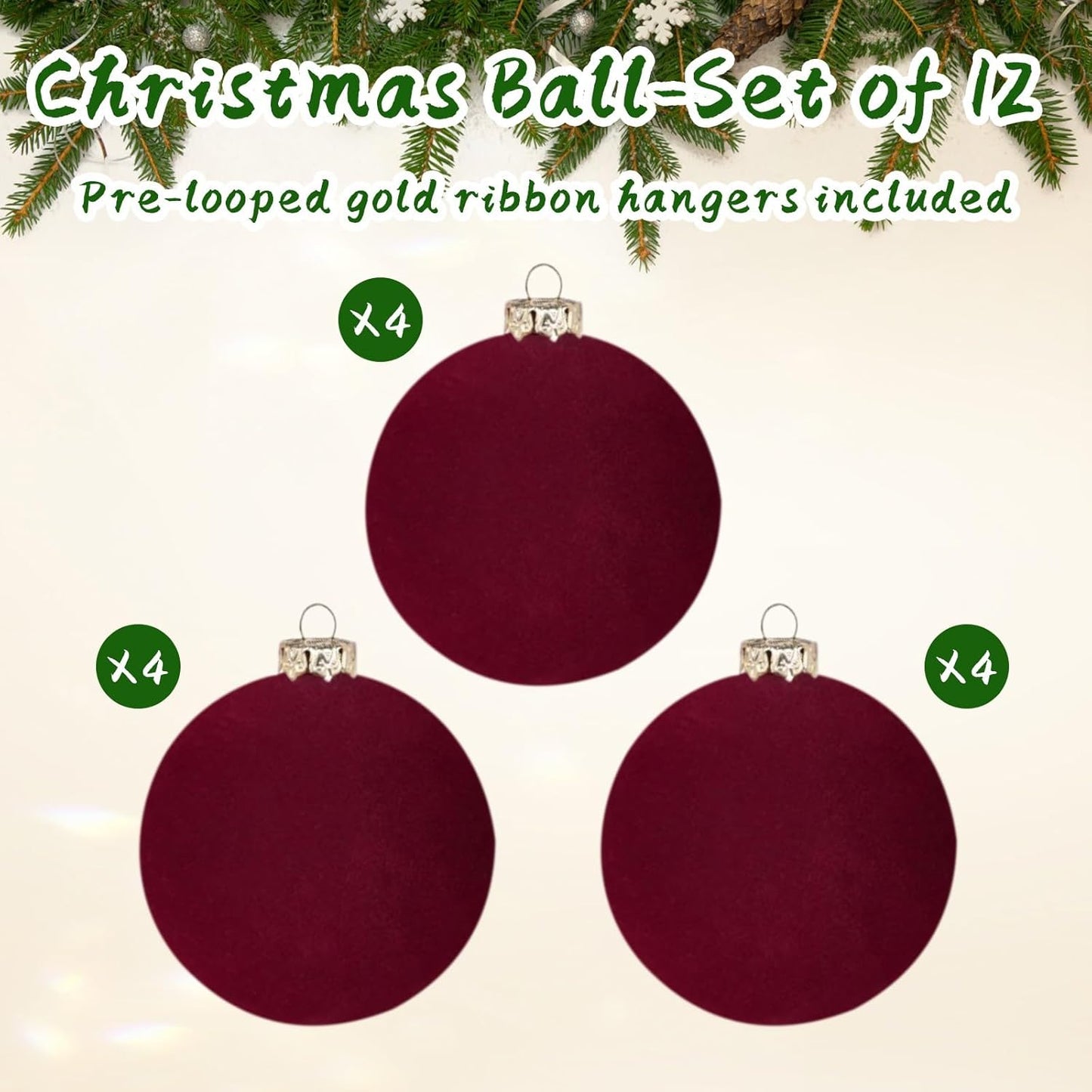 Skiennix 12PCS Velvet Christmas Tree Ornaments - Shatterproof 2.4-Inch Burgundy Balls for Holiday Decor
