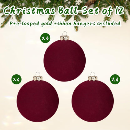 Skiennix 12PCS Velvet Christmas Tree Ornaments - Shatterproof 2.4-Inch Burgundy Balls for Holiday Decor