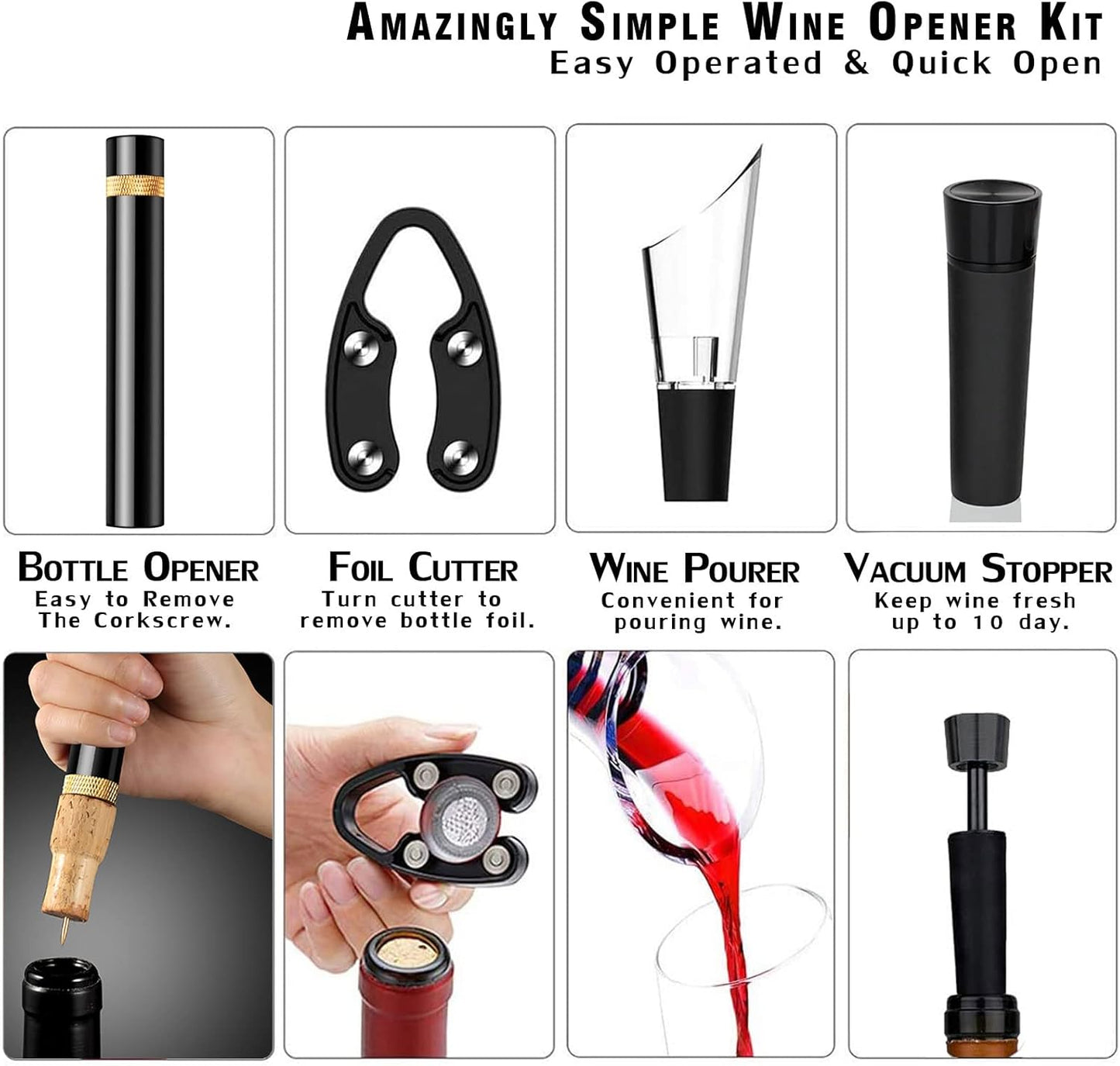 Mini Wine Opener Set | Travel Portable Pocket Air Pressure Pump Wine Bottle Opener with Aerator, Foil Cutter, and Vacuum Stopper | 7S Quick Bottle Opening | for Home, Restaurant, Party,Wine Lovers