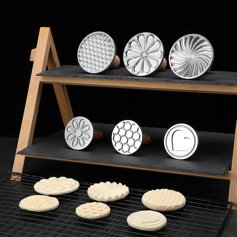 Cookie Stamp Set of 6 with Wooden Handle – Metal Cookie Press Cutters for Embossing