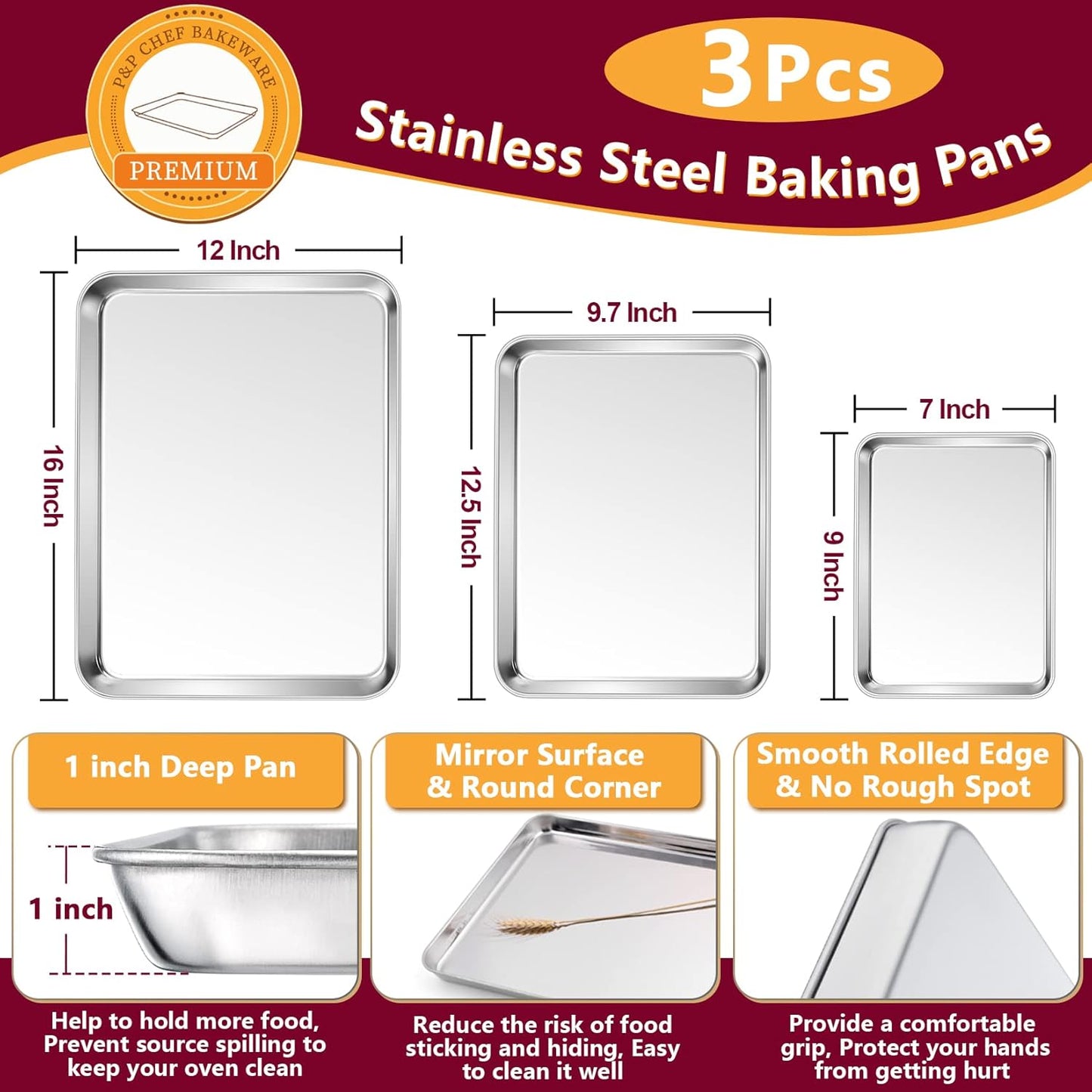 P&P CHEF Baking Sheet Set - Stainless Steel Cookie Sheets with Cooling Racks | 16, 12.5 & 9 Inch, Oven Safe