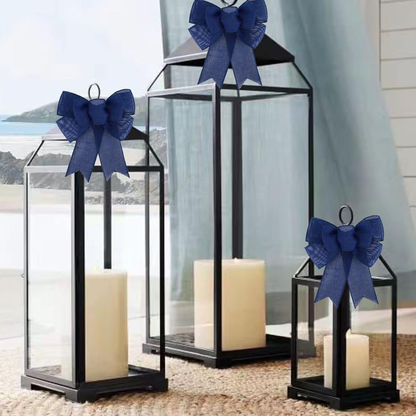 Meseey Navy Blue Wired Ribbon - 2 Pcs Handmade Burlap Bows for Wreaths & Gift Wrapping