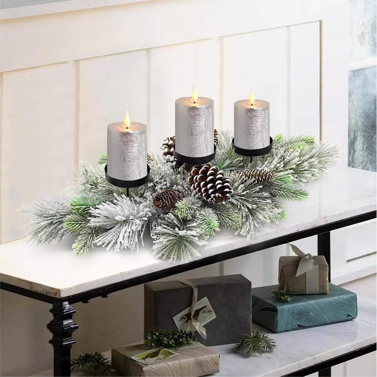 Skiennix Christmas Table Centerpiece - 27.5 Inch Flocked Pine Needles & Frosted Pine Cones | Snowy Design