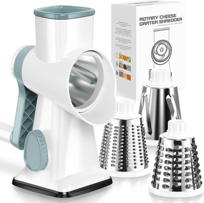 KEOUKE Rotary Cheese Grater - Hand Crank Shredder with 3 Stainless Steel Blades & Stable Suction | Safe Kitchen Tool