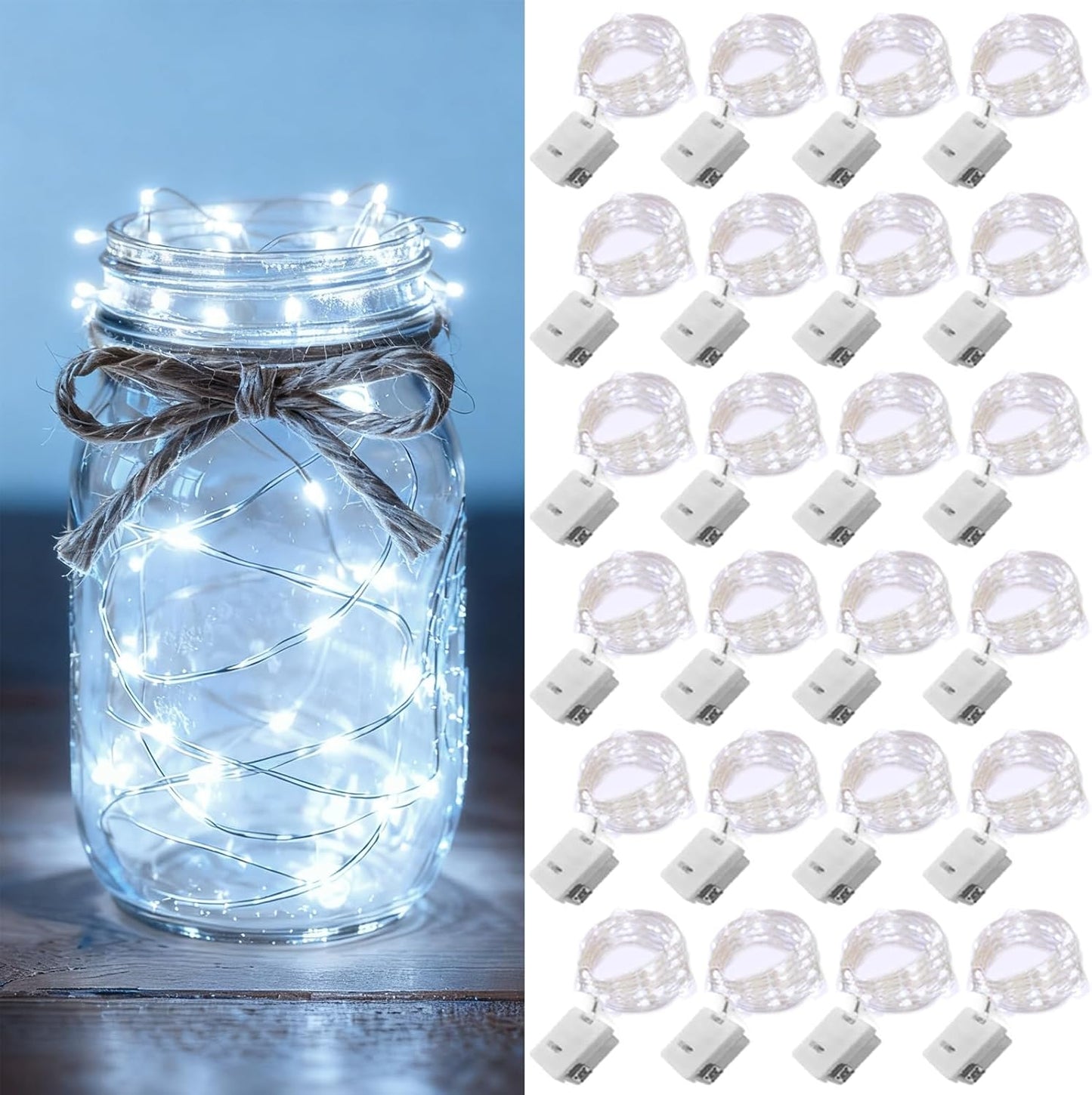 Skiennix 24 Pack Fairy Lights - Battery Operated 7ft 20 LED Mini Twinkle String Lights | Waterproof Silver Wire for Weddings & Christmas Decor
