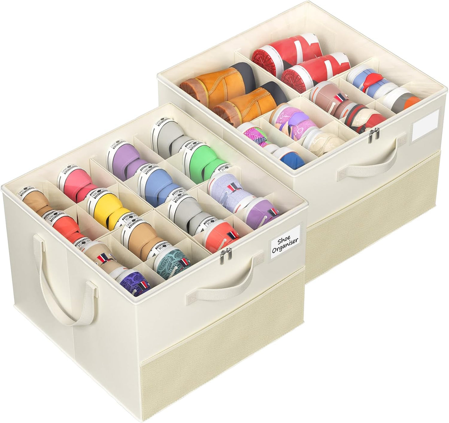 NestOrganix Shoe Organizer - 2 Pack Large Foldable Storage Boxes with Adjustable Dividers | Beige