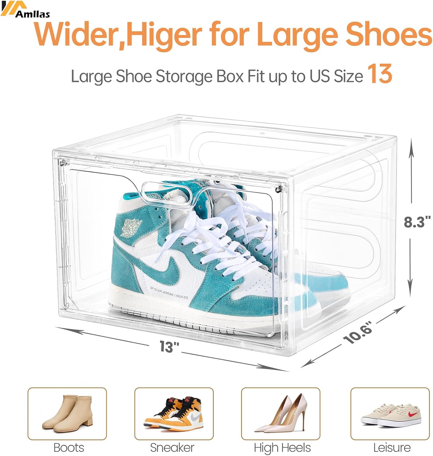Amllas Clear Plastic Shoe Boxes - Stackable Large Storage Organizers with Lids | Fits Up to US Size 13 (13” x 10.6” x 8.3”)