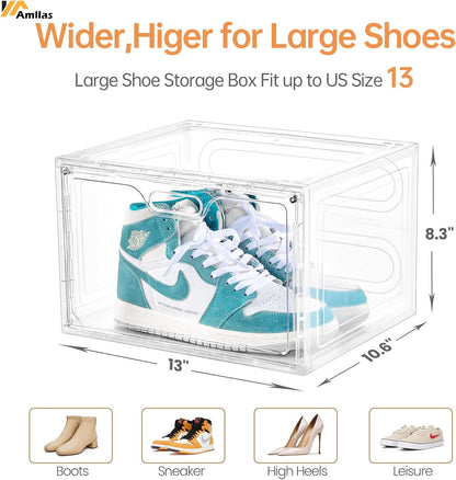 Amllas Clear Plastic Shoe Boxes - Stackable Large Storage Organizers with Lids | Fits Up to US Size 13 (13” x 10.6” x 8.3”)