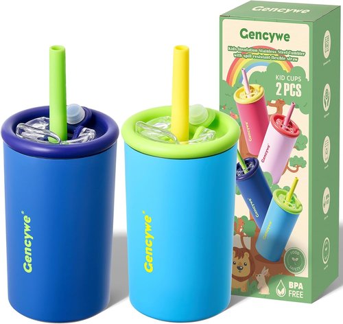 Gencywe Kids Double-Walled Stainless Steel Cups - 12 oz Spill-Proof Sippy Tumbler Set with Straws & Lids | BPA-Free, Perfect for Ages 3+