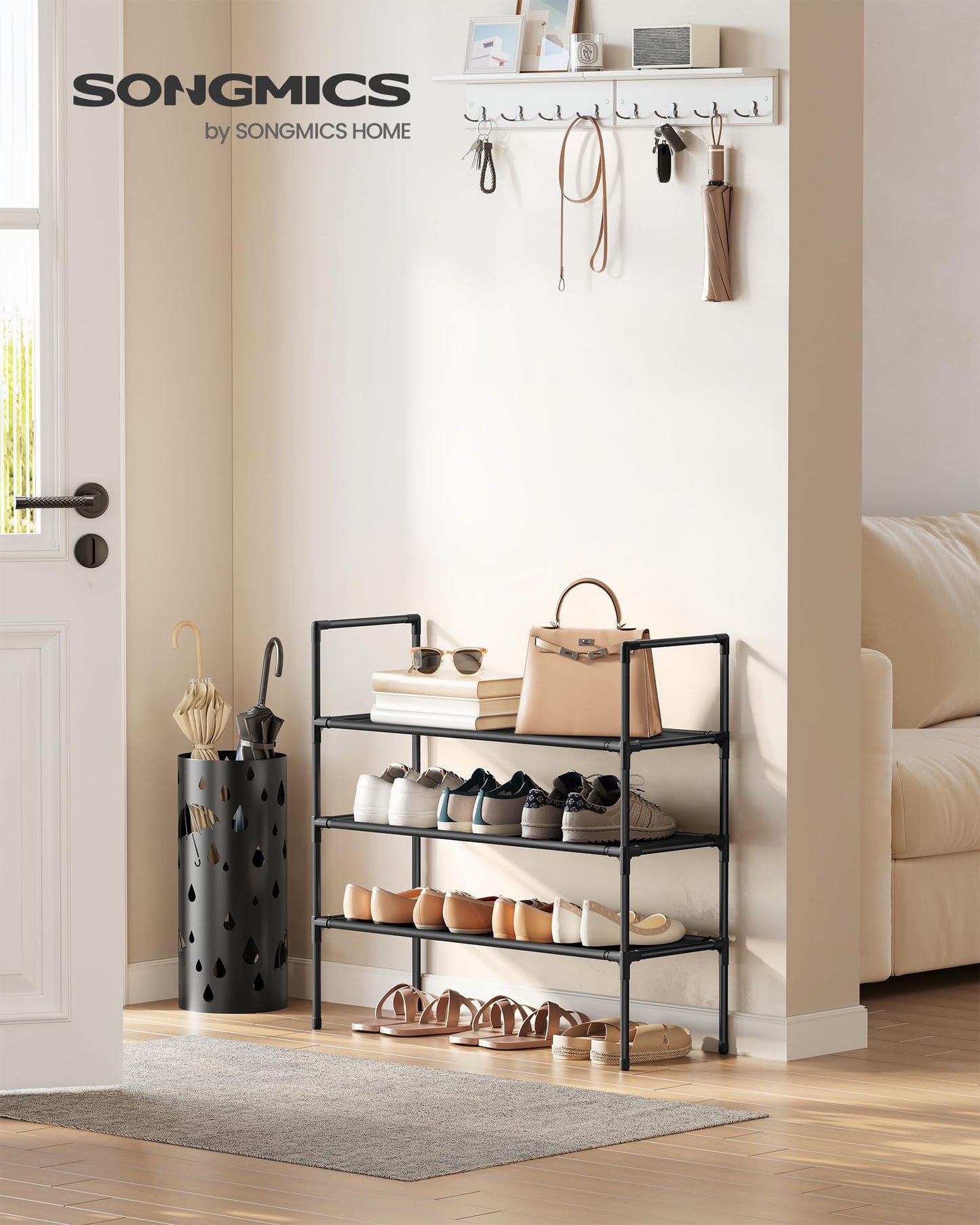 SONGMICS 3-Tier Shoe Rack, Shoe Storage for Hallway Closet, Slim and Space-Saving, Metal Frame, Non-Woven Fabric Shelves, Black ULSH043BH01