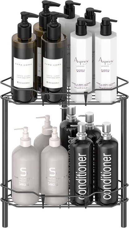 HuggieGems 2-Tier Floor Standing Corner Shower Caddy Organizer - Matte Black Bathroom Shelf with Hooks