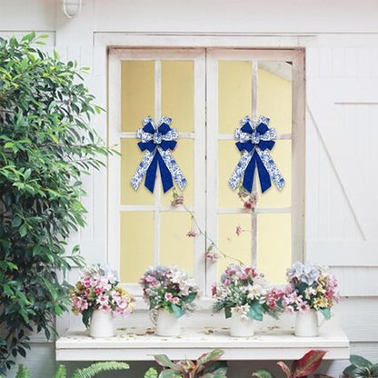 Chinoiserie Blue Bow by Large Spring - Wired Burlap Wreath Accent for Indoor/Outdoor Decor | 11.42x20.87 Inch