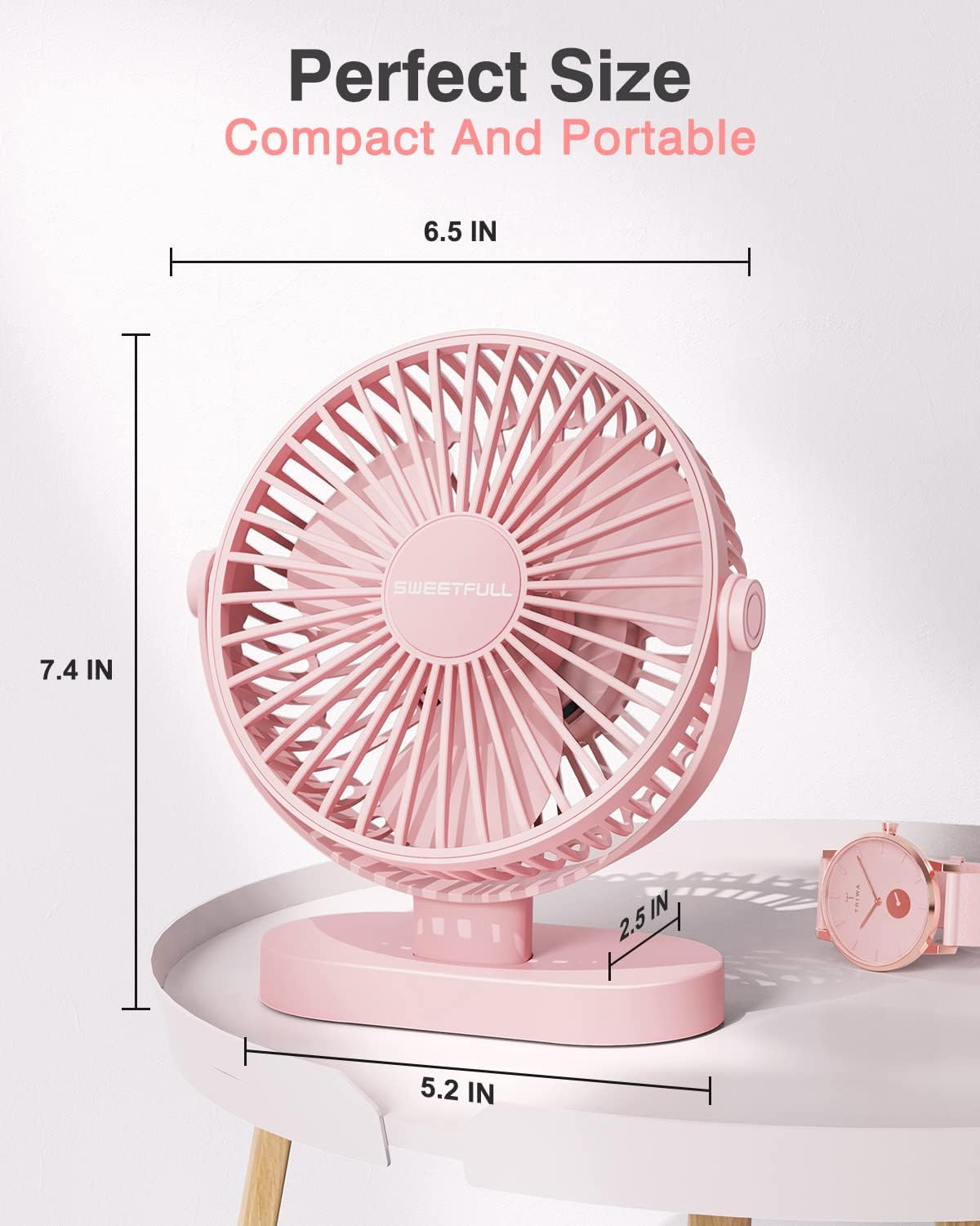 Sweetfull USB Desk Fan - Portable 3-Speed Mini Fan with 360° Rotation | Quiet Operation for Home & Travel (Pink)