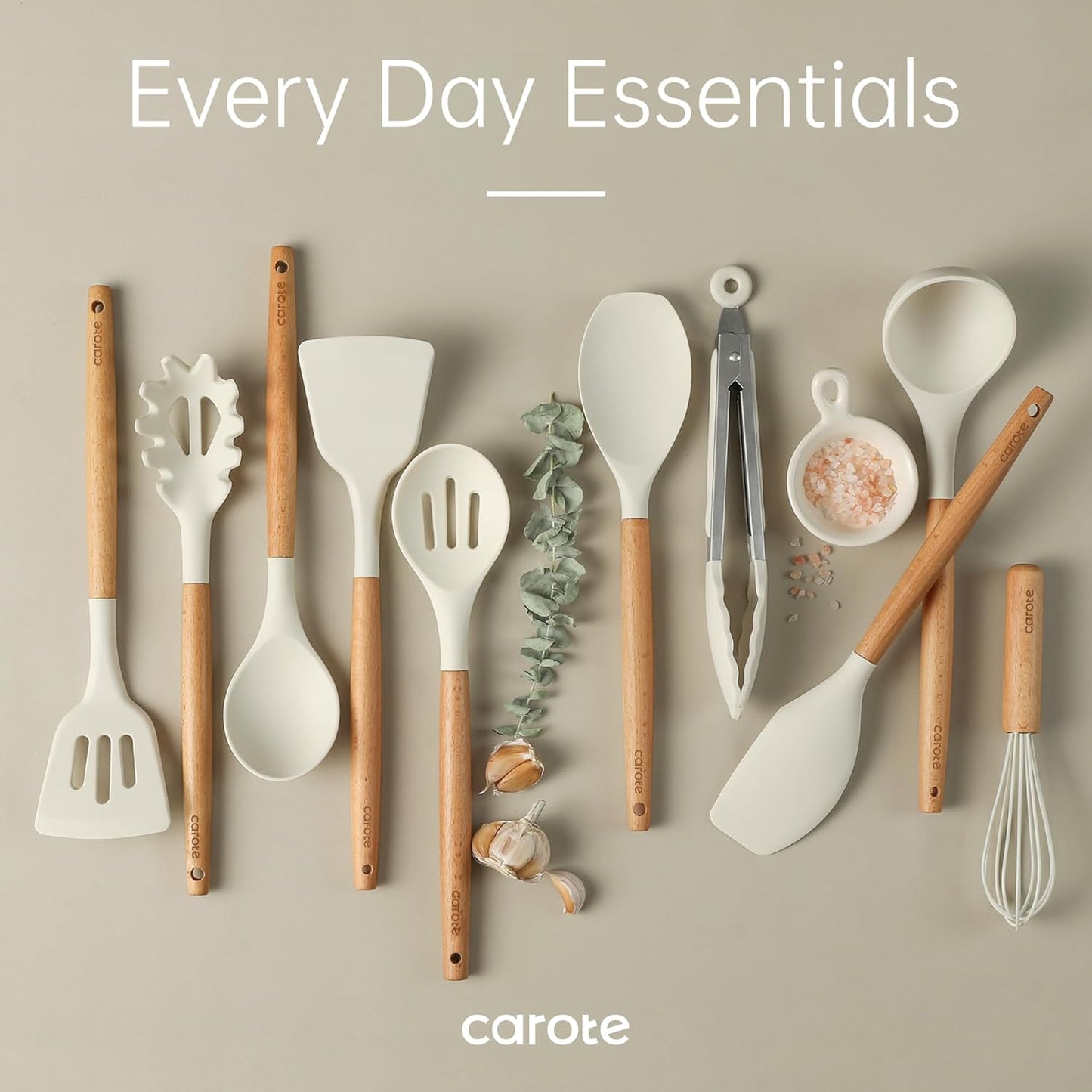 CAROTE Silicone Cooking Utensils Set - 10 Pcs BPA-Free Kitchen Tools with Heat-Resistant Wood Handles | Cream White