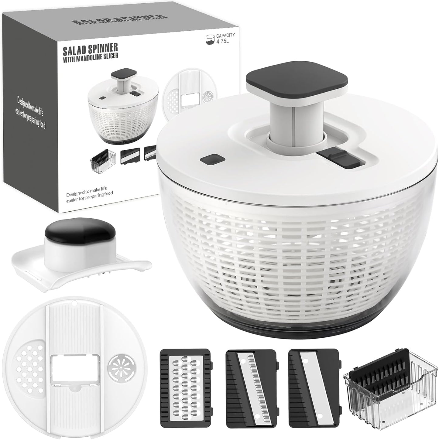 Salad Spinner by [Brand Name] - Large 5 Quart Lettuce Washer with 4 Blades & One-Handed Easy Press - Grey