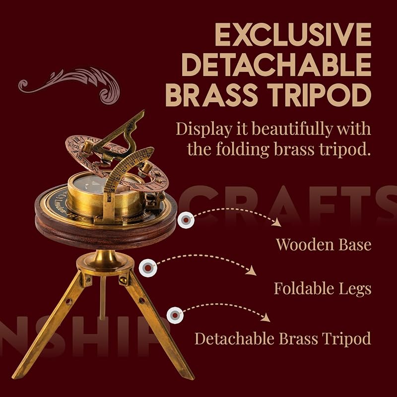 Brass Sundial Compass on Tripod Stand – 3-Inch Vintage Nautical Desk Clock