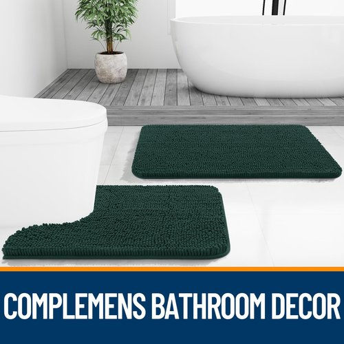 OLANLY Toilet Rugs U-Shaped 24x20, Extra Soft Absorbent Chenille Contour Bathroom Rugs for Toilet, Dry Quickly, Machine Washable, Non-Slip Bath Mat, Blackish Green