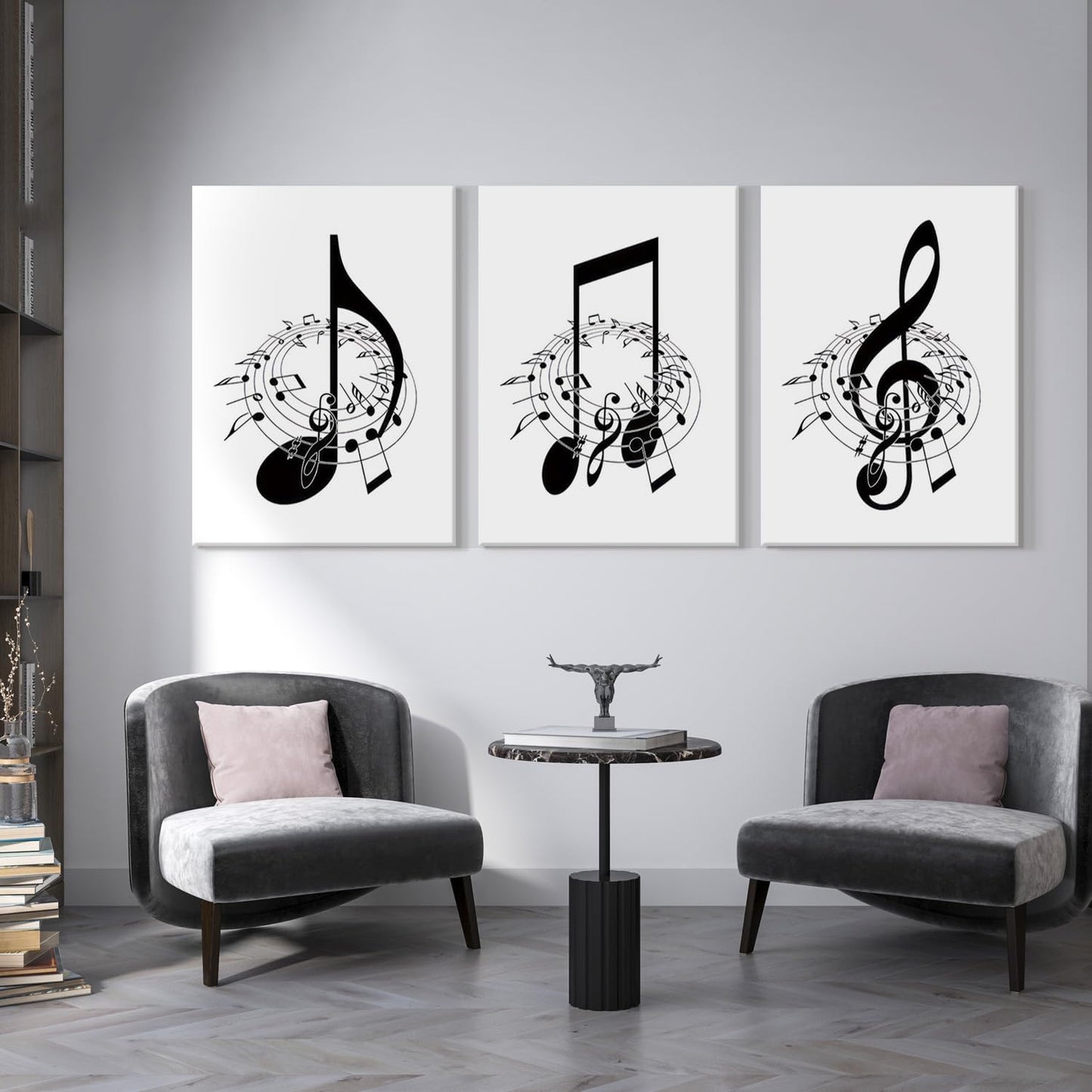 Skiennix Framed Music Notes Wall Art - Stylish Black & White Canvas Prints for Music Rooms | 12x16 in (Set of 3)