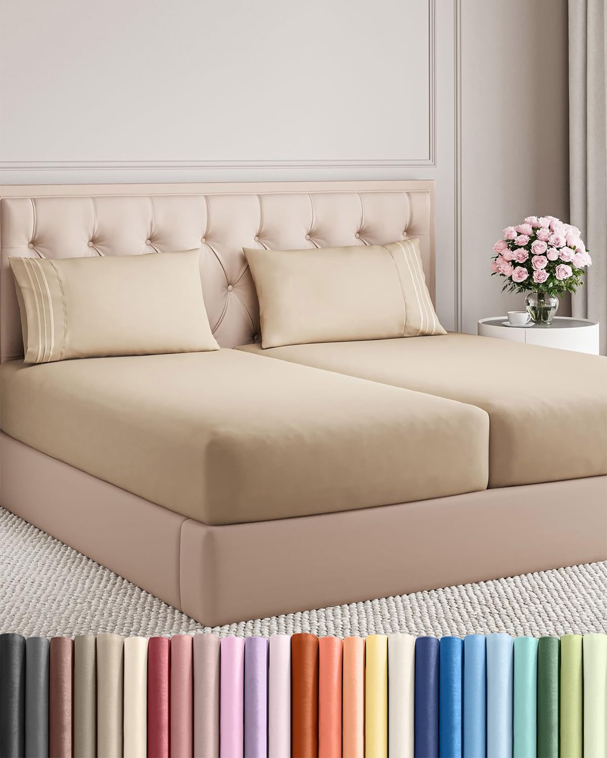 Split King Size 5-Piece Sheet Set - Comfy Cooling Bed Sheets | Luxury Oeko-Tex Bedding - Cream