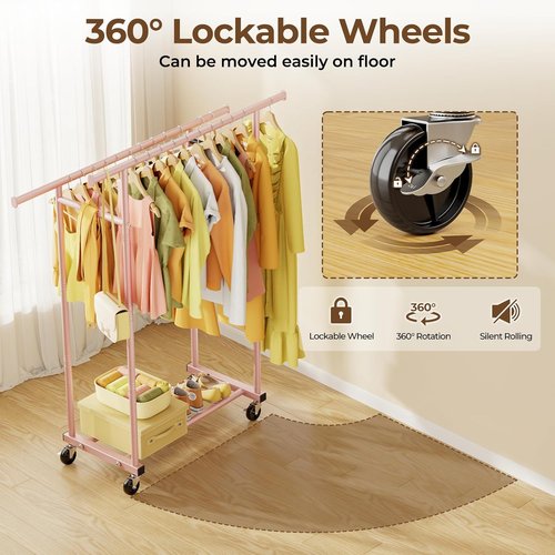 HYSEYY Double Rod Clothes Rack - Sturdy Portable Metal Garment Rack for Bedroom & Laundry | Pink