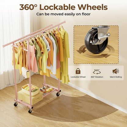 HYSEYY Double Rod Clothes Rack - Sturdy Portable Metal Garment Rack for Bedroom & Laundry | Pink