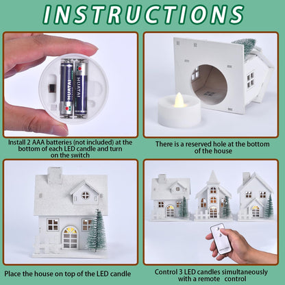 Regine Switzerland Christmas Village Set - 3 White Xmas Houses with Remote-Control LED Candles | Indoor Table Decor