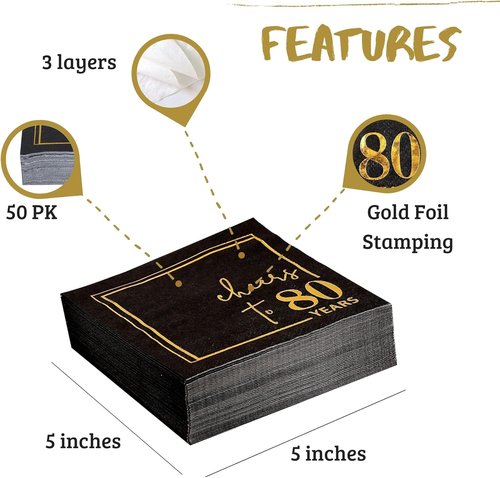 Cheers to Years Cocktail Napkins - 50 Pack 3-Ply Disposable Birthday & Anniversary Napkins | Black & Gold 5x5 Inches