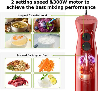Bonsenkitchen Immersion Blender - Portable Handheld Stick Mixer with Stainless Steel Blades | Red, 2 Speed Settings