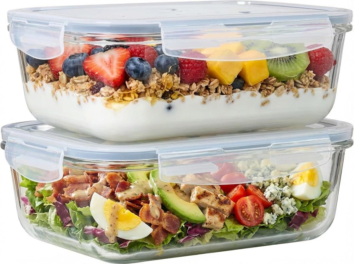 Skiennix 8-Cup Glass Food Storage Containers - Airtight Meal Prep Set with Lids | Freezer & Microwave Safe