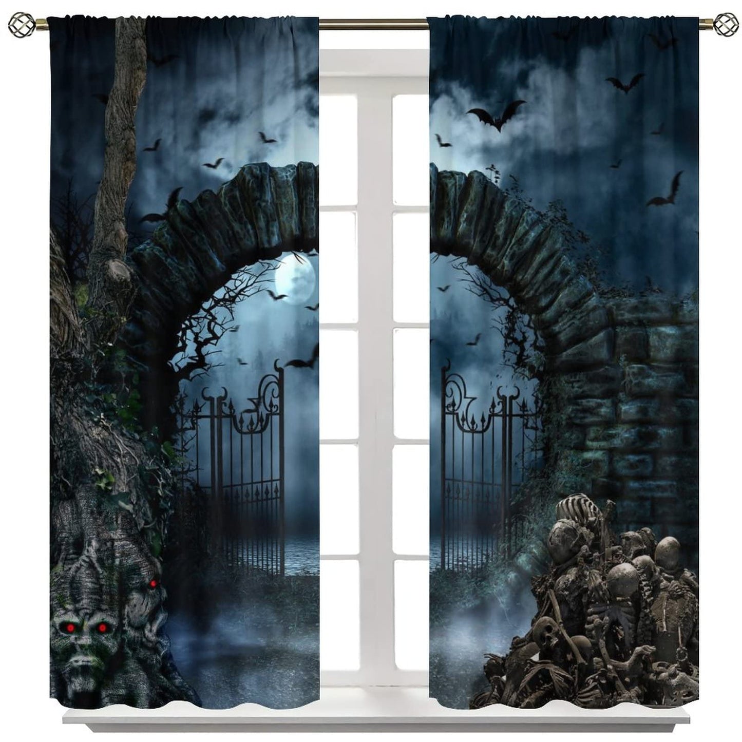 Halloween Gothic Blackout Curtain,Vintage Scary Skull Skeleton Rod Pocket Curtain Bat Full Moon Retro Print Window Drapes for Kids Teen Boy Bedroom Lving Room Party,2 Panels,42x45 Inch,Blue