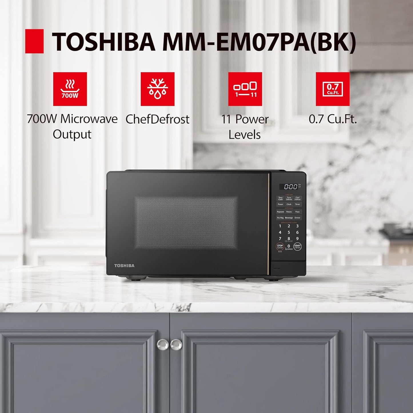 TOSHIBA 0.7 Cu Ft Small Microwave Oven - 11 Power Levels, ChefDefrost & Eco Mode, Black