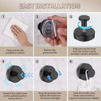 SOCORIA 2026 Upgraded Drill-Free Suction Cup Hooks, Stainless Steel Suction Cup Hooks for Shower, Mirror, Wall, Bathroom, Glass, Hanging Towels - 4 Pack, Black