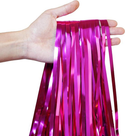 GREATRIL Shiny Fuchsia Tinsel Foil Fringe Curtain - Hot Pink Party Streamers Backdrop | 3.2ft X 8.2ft - 2 Packs