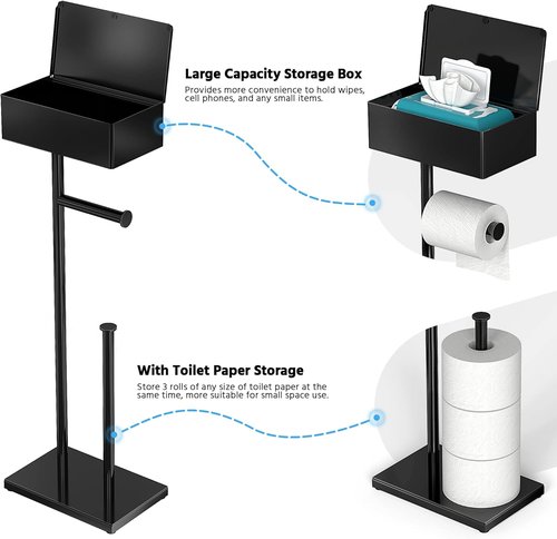 CISILY Black Toilet Paper Holder Stand - Free Standing Design with Storage Shelf | Bathroom Essential