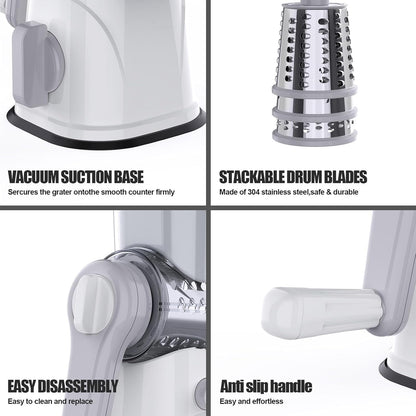 RAINBEAN Rotary Cheese Grater - Hand Crank Shredder with 3 Blades & Strong Suction Base for Veggies & Fruits