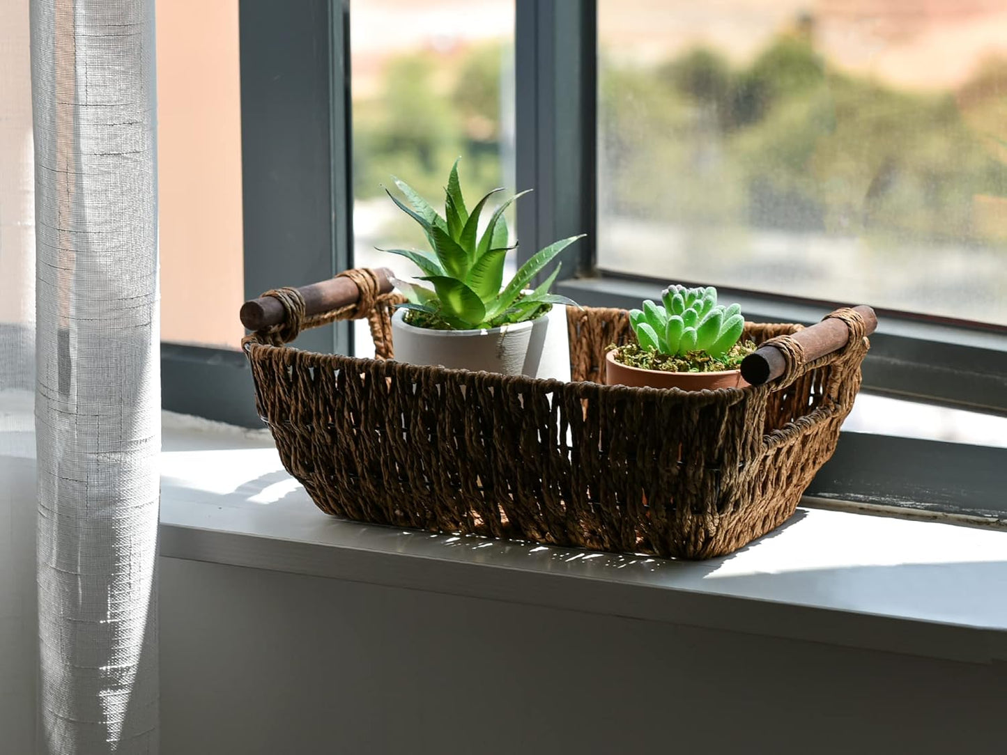 StorageWorks Round Wicker Baskets - Handwoven Paper Rope Storage with Wooden Handles, Dark Brown, 2-Pack