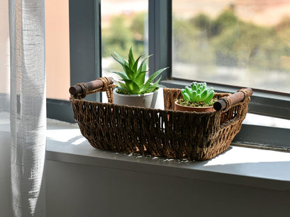 StorageWorks Round Wicker Baskets - Handwoven Paper Rope Storage with Wooden Handles, Dark Brown, 2-Pack