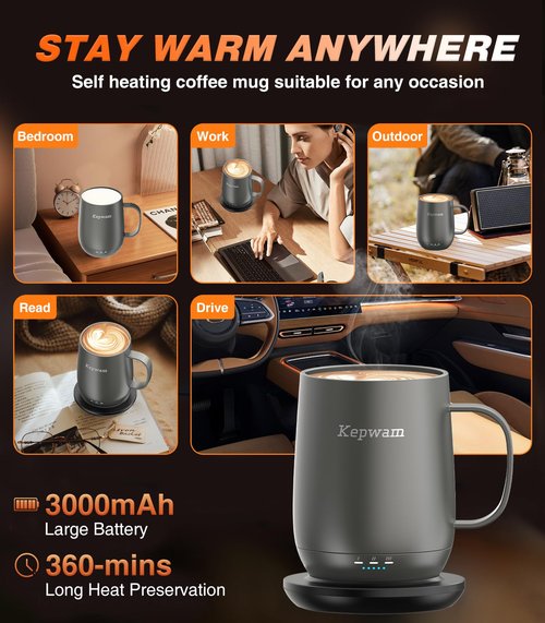 Kepwam Self Heating Coffee Mug, 16oz Smart Heated Coffee Mug, 150 Min Battery Life - Hot up to 149℉ Temperature Control Coffee Mug Warmer, Gifts for Women and Men