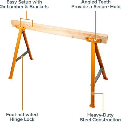 BORA Jobhorse Saw Horses - Heavy Duty Steel Brackets for 2x4 | 1000 lb Capacity, Quick Setup for Woodworking