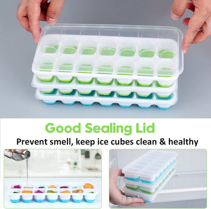 Skiennix Silicone Ice Cube Tray - 8 Pack Easy-Release & Flexible Design | Stackable with Spill-Resistant Lid (4 Blue + 4 Green)