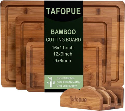 Bamboo Cutting Board Set by Skiennix - Space-Saving Design with Juice Groove & Grip Handle - Perfect for Meal Prep & Charcuterie