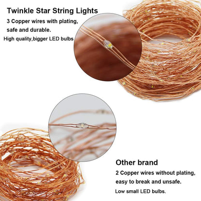 Twinkle Star 200 LED Copper Fairy String Lights - 66 FT USB Powered with Remote Control | Warm White for Home Decor