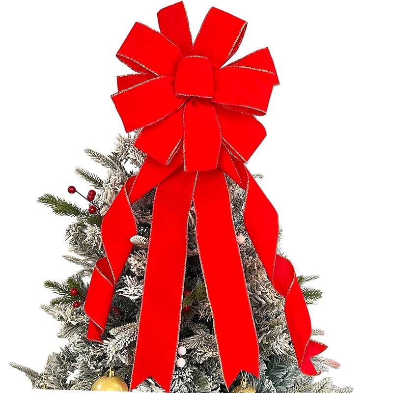Velvet Red Christmas Tree Bows, 2-Pack Handmade Topper with Gold Wire - 11in x 15.7in Ready-to-Use