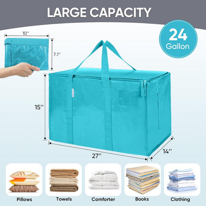 TICONN Extra Large Moving Bags - Heavy Duty Storage with Zippers & Handles | 8 Pack, Aqua