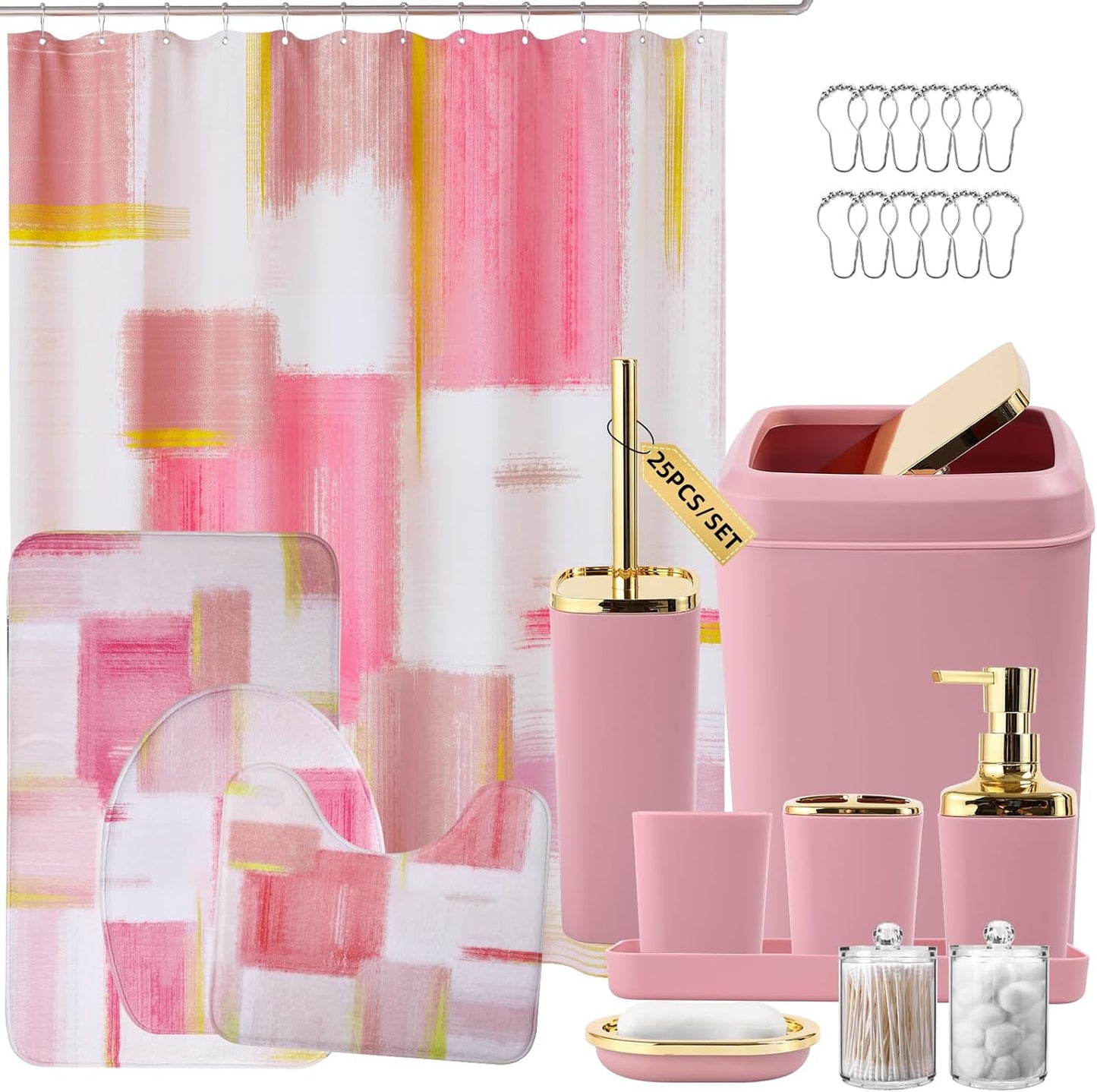 XLHOMO Bathroom Set - Elegant Pink & Gold Accessories with Shower Curtain, Rugs & Dispenser