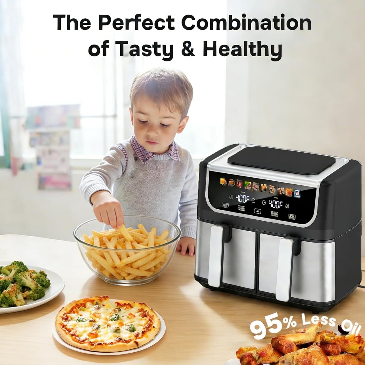 Simple Deluxe 9.5-Qt Dual Basket Air Fryer - 10-in-1 Digital Preset, 1700W, Nonstick, Black
