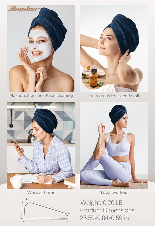 Hicober Microfiber Hair Towel, Hair Turbans for Wet Hair, Drying Hair Wrap Towels for Curly Hair Women Anti Frizz, 3 Packs (Plum,Navy,Aqua Green)