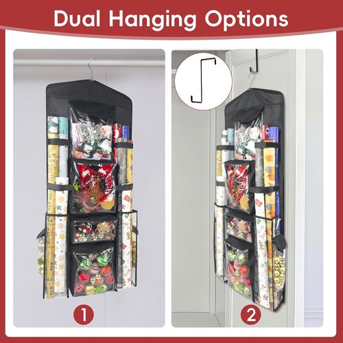Gift Wrap Organizer by [Brand Name] - Double-Sided Hanging Storage with Multiple Pockets & Elastic Straps | Space-Saving Black Design